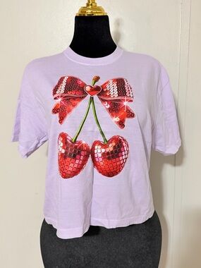 Comfort Colors Lilac Short Sleeve Tee with Red Sequin Cherry Graphic